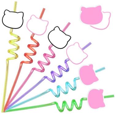Imagem de AMFZON 24 lembrancinhas de festa de aniversário de gatinhos canudos de plástico reutilizáveis para gatos 6 designs para festa infantil sacolas de presentes suprimentos