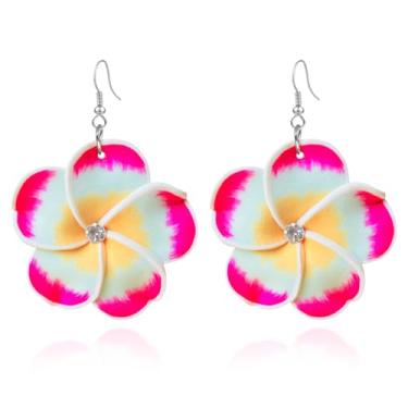Imagem de QUPENGXU 4 pares de brincos de zircônia cúbica havaiana plumeria rubra para mulheres, boêmia, flores tropicais, luau, acessórios de joias para festa na praia, trumpet, Resina, Sem pedra preciosa