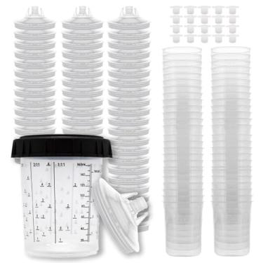 Imagem de LAUCO Kit de sistema de tampas e forros de tinta de pistola de pulverização descartáveis, pacote com 50 - Kit de 200 ml - 50 forros de copo, 50 tampas com filtro de 125 microfones, 1 copo rígido com
