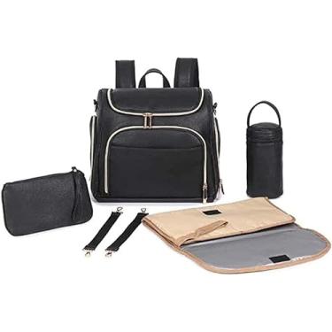 Imagem de Conjunto De Troca De Fraldas Para Bebês Mochila Bolsa Grande Couro Pu Multi-fution Fraldas Bolsas Mochila Para Cuidados Com O Bebê, Black