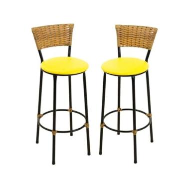 Imagem de kit 2 banquetas alta Imbuia fibra sintética junco área gourmet balcão (2.bq.alta.imbuia/amarelo)