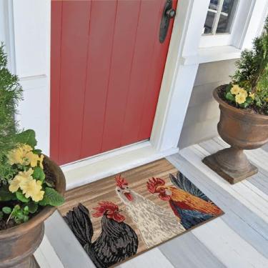Imagem de Liora Manne Novo para 2023 Esencia lavável à máquina antiderrapante perfil baixo tapete interno/externo - tradicional, decorativo, peculiar, novidade, três galos naturais 60 x 60 cm