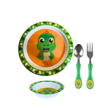 Imagem de Kit Prato Raso Fundo + Talher Inox Infantil Personagem - Arts, Dino
