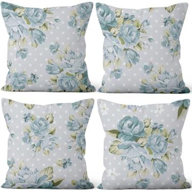 Imagem de Vie Savaran Capas de almofada de flor verde claro 45,72 cm x 45,72 cm Conjunto de 4, fronhas de sofá floral de rosas vintage para cadeira, sofá-cama, sala de estar, escritório, carro, jardim, quinta