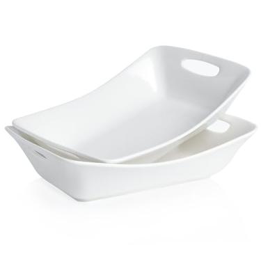 Imagem de Kanwone Tigelas de servir grandes com alças, pratos de servir brancos para entretenimento, conjunto de tigelas de porcelana de 1,8 litros para peru, frutas, salada, travessa de servir retangular para