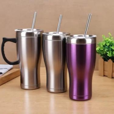 Imagem de Caneca Térmica Parede Dupla em Aço Inox Roxa 450ml com Canudo - Estilo Casual