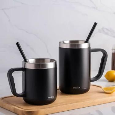 Imagem de Caneca Térmica Parede Dupla em Aço Inox Preta 650ml com Canudo - Estilo Minimalista