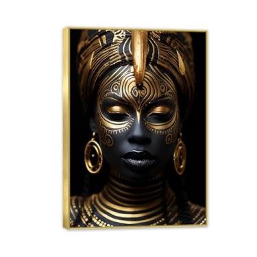 Imagem de SDYJ6GSW Pôster de impressão em tela de ouro africano, pintura de retrato, arte de mulher negra, decoração de parede para casa, sala de estar, mural 85 x 60 cm (33 x 24 pol), moldura dourada