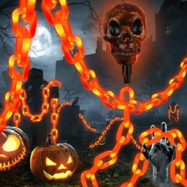 Imagem de X-GiftKey Cordão de luzes laranja de 45 LEDs, luzes de corrente flamejante com caveiras, 8 modos de iluminação, luzes de decoração de Halloween alimentadas por bateria para cercas, árvores, telhados