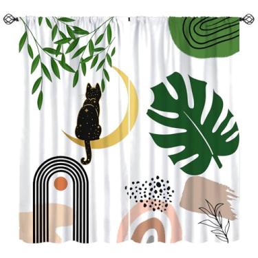 Imagem de Cortinas Boho, Gato Preto Engraçado Abstrato Folha Verde Arco Sol Lua Moderna Minimalista Tratamentos de Janela Blackout Bolso Haste Cortinas Isoladas Térmicas 2 Conjuntos de Painéis para Quarto, Sala