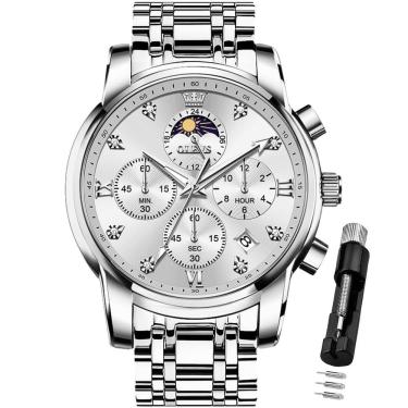 Imagem de Relógio OLEVS Luxury Dress Moon Phase Analog para homens prateado