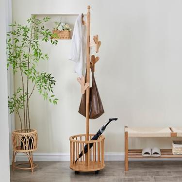 Imagem de MYOTA Cabideiro independente, cabideiro de madeira com 12 ganchos, cabide de madeira maciça com suporte de guarda-chuva, rodas para quarto, entrada, corredor, sala de estar, escritório (natural)
