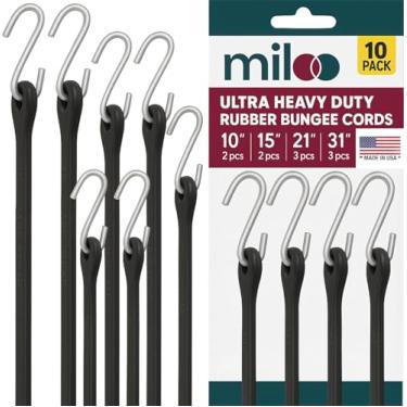 Imagem de Cabos elásticos de borracha com ganchos (pacote com 10) – Tiras de lona resistentes feitas nos EUA em tamanhos de 25,4 cm, 38,1 cm, 53,3 cm, 78,7 cm, ganchos em S crimpados para carga, acampamento