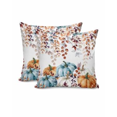 Imagem de UPedBed Conjunto de 2 capas de travesseiro de outono de ação de graças laranja azul abóbora linho estopa aquarela folhas de eucalipto outono conjunto de fronhas decorativas para sofá cama 45,7 x 45,7