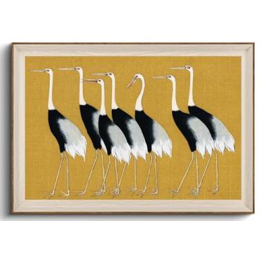 Imagem de KISSFOX Arte de parede emoldurada vintage em tela sete guindastes arte de parede amarelo zen impressões de arte de parede para sala de estar quarto banheiro cozinha 61 x 91 cm