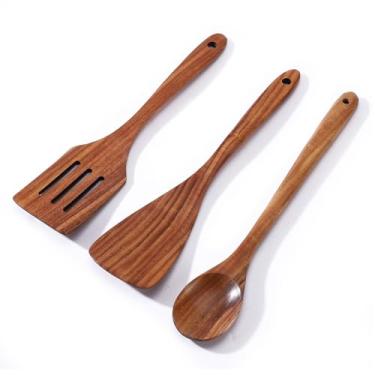 Imagem de Conjunto de 3 espátulas de madeira e colher de cozinha, conjunto de utensílios de cozinha de madeira de acácia natural para cozinhar