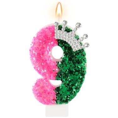 Imagem de AKURIEEY Wicked Birthday Candle Crown Number 9 Candle Pink and Green 9th Birthday Cake Topper Decorações Wicked Themed Party Decor Anniversary Celebrations Supplies