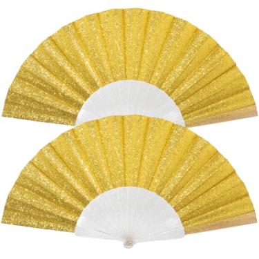 Imagem de Pacote com 2 leques de mão femininos com glitter e nervuras transparentes brilhantes – Ideal para casamento, igreja, festival, dança, festa de formatura, clube e acessórios EDM, amarelo