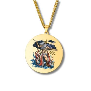 Imagem de Colar Mitologia Grega – Pingente Redondo Gravado Colorido em Aço Inoxidável • Deuses e Deusas da Grécia e Roma (Apolo, Ártemis, Poseidon, Ares, Zeus…) • Amuleto de Proteção Unissex (Poseidon • Gold)
