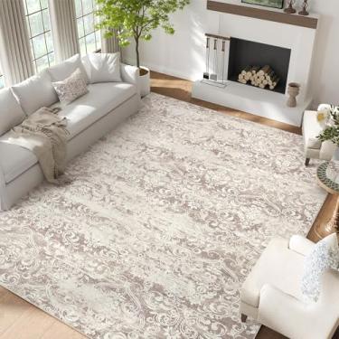 Imagem de Tapete neutro 15 x 23 cm, lavável, macio, vintage, damasco, desgastado, grande, para sala de estar, quarto, sala de jantar, boho abstrato baixo tapete para piso interno, tapetes antiderrapantes para