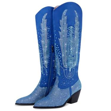 Imagem de RONILURN Botas femininas caubói, cano alto, cowgirl, ocidental, strass, bico fino, salto grosso, sapatos modernos, botas pretas altas, Altura do joelho azul, 35