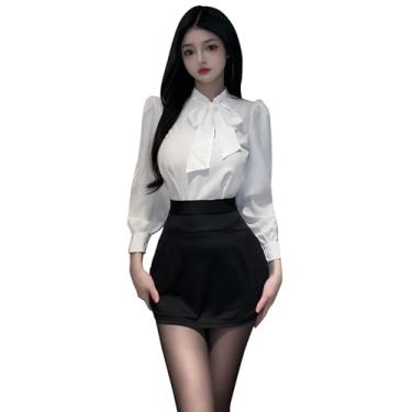 Imagem de SINMIUANIME Conjunto de lingerie feminina sexy cosplay uniforme de escritório uniforme de professor travesso saia curta com meias (2516 branco preto)