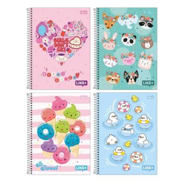 Imagem de Kit com 4 Cadernos Universitário Espiral Tilibra com 96 Folhas Pautadas Like Feminino Escolar Aula