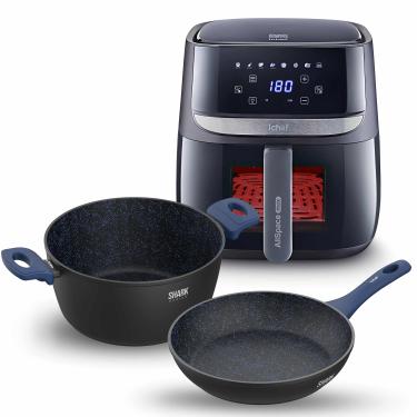 Imagem de Fritadeira Elétrica Airfryer Vision Max 5,7L e Panelas Ichef Home Sauté Grand e Family Size Azul 24cm | 127V