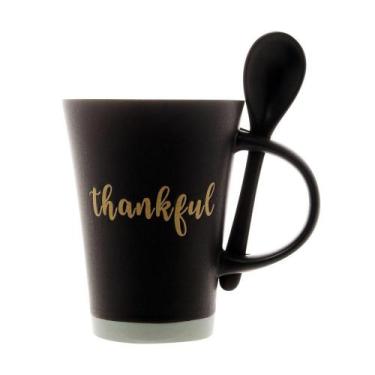 Imagem de Caneca De Cerâmica Thankful Preta 310ml Com Colher - Bravalumi