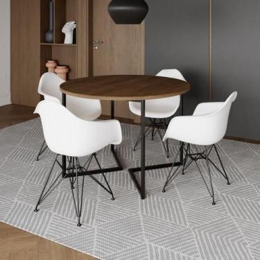 Imagem de Mesa Industrial Jantar Redonda 110Cm Amêndoa Base V Com 4 Poltronas Br