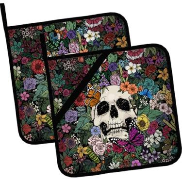 Imagem de Porta-panelas de caveiras e flores, 2 peças, almofadas quentes resistentes ao calor de cozinha para cozinhar, grelhar, assar, churrasco, suporte de panela para mulheres, cozinhar, casa, micro-ondas