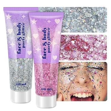Imagem de Gel holográfico com glitter facial, 120 ml, maquiagem corporal brilhante para cabelo, rosto, braço, unha, sombra, 2 frascos de lantejoulas iridescentes à prova d'água de longa duração com glitter para