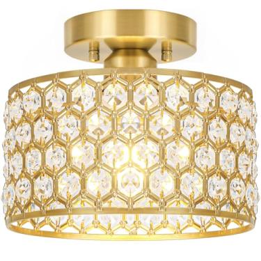 Imagem de Lxybcce Luminária de teto de cristal dourado - Iluminação moderna de lustre de teto de montagem semiembutida para corredor, cozinha e hall de entrada | Lustre de prisma deslumbrante com fácil