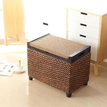 Imagem de Otomano De Armazenamento De Junco-marinho Tecido, Otomano De Armazenamento De Rattan Rústico, Puff De Pé De Vime Feito à Mão Com Armazenamento, Fim Da Cam, Coffee Small, 50x30x30cm(20x12x12inch)