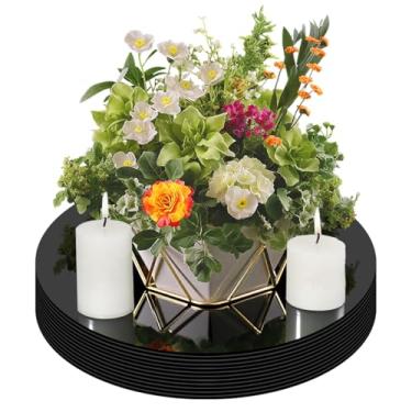 Imagem de Pratos de centro de mesa espelhados redondos, vidro acrílico, pacote com 12, bandeja circular decorativa para mesa de casamento, festa, decoração de Natal (preto-20 cm)
