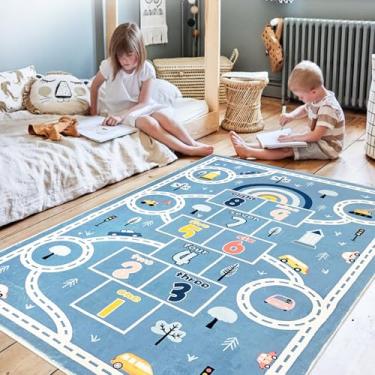Imagem de Abeigoi Tapete de brinquedo infantil 8,3 x 1,5 m grande Hopscotch tapete de carro para meninos quarto macio sala de aula tapete de área de aprendizagem, azul