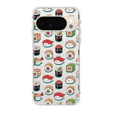 Imagem de Peachy Life Capa compatível com Google Pixel 10 Pro XL, estampa divertida de sushi com emojis fofos, desenho engraçado, design de comida, capa protetora transparente de TPU macio transparente de 6,8