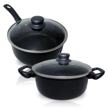 Imagem de Conjunto 2 Panelas Antiaderente Kit Caçarola TeflonTampa Vidro 16 e 18(Preto)