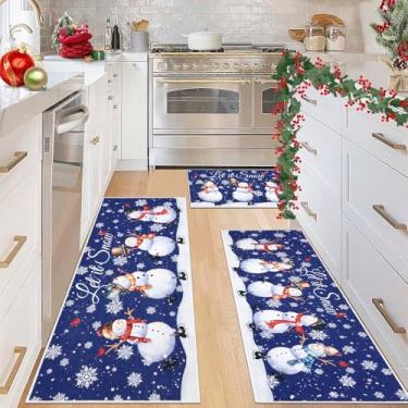 Imagem de Ileading Conjunto de 3 peças de tapetes de cozinha de Natal dançando boneco de neve tapete antiderrapante lavável tapete para decoração de férias de inverno tapete de casa de fazenda para pia