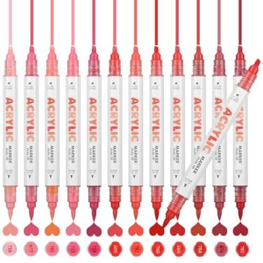 Imagem de ZZWUAPT Marcadores de tinta acrílica de ponta dupla vermelhos, canetas de tinta acrílica para pintura rupestre, tecido de madeira, tela, vidro, plástico, arte, kit de suprimentos de pintura (ponta de