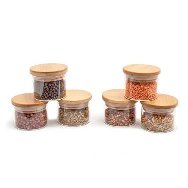 Imagem de Oikos - Kit 6 Potes de Vidro 110ml com Tampa de Bambu Hermético Redondo para Tempero