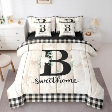 Imagem de Erosebridal Conjunto de edredom solteiro com letra B, 7 peças, estampa ABC, flores e letras ABC, para crianças e adultos, decoração rústica de casa de fazenda, edredom e lençóis de madeira, preto