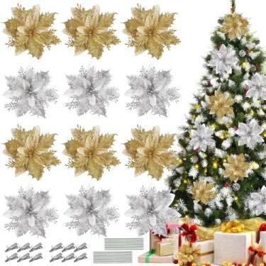 Imagem de 12 peças de flores de poinsétia com glitter de Natal com clipes, coroas de árvore de Natal, guirlandas, ornamentos, palitos florais artificiais, decoração para bricolage, guirlanda de ano novo, festa