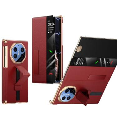 Imagem de HAOMRIYL Capa de couro genuíno para Huawei Mate XT, alça de pulso com função de visualização de janela, capa flip fólio luxuoso revestimento de proteção total, vermelho, Mate XT