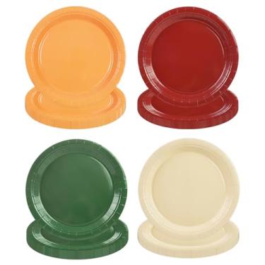 Imagem de HFBOBP 48 peças de pratos de festa coloridos, 23 cm, descartáveis, vermelho, verde, laranja, amarelo, papel, sobremesa, pratos, utensílios de mesa coloridos para aniversário, chá de bebê, Natal, louça