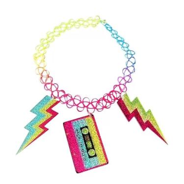 Imagem de Zszkoz Colar dos anos 80 com contas neon para mulheres, relâmpago/fita neon dos anos 80, acessórios de fantasia, lembrancinhas de decorações de festa dos anos 80, Small, Acrílico, Sem Pedra Preciosa
