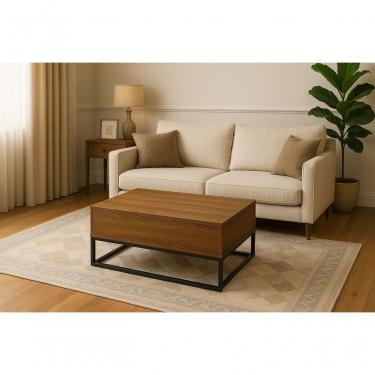 Imagem de Mesa De Centro Baú Elevável Amadeirado Escuro Vira Mesa De Apoio Notebook Mdf 15mm E Ferro