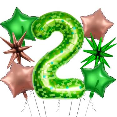 Imagem de 7Pcs 40 inch Green Pixel Pattern Number 2 Balloon Set with Exploding Star and Star Foil Balloons for Birthdays and Themed Parties