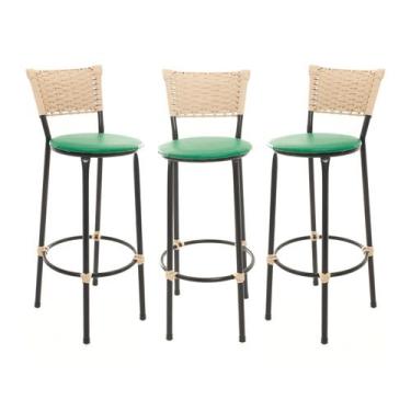 Imagem de KIT 3 Banquetas Tricô Náutico BEGE Alta Bancada Balcão Cozinha Area de