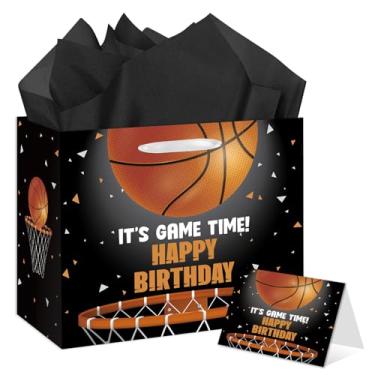 Imagem de HSKMAKE Bolsa de presente de aniversário de basquete - Grande bolsa de lembrancinhas de festa de feliz aniversário com tema esportivo com cartão e papel de seda, presentes para fãs de basquete para